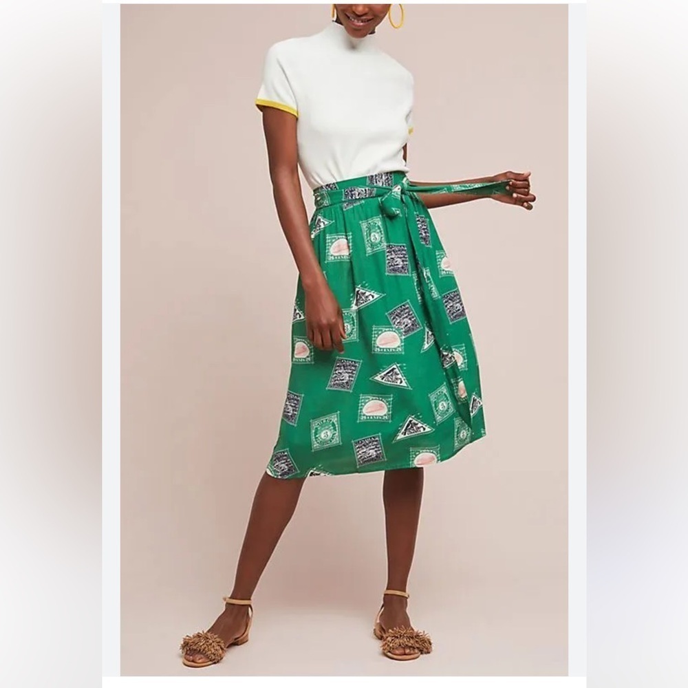 Printed Green Tie-Waist Midi Skirt